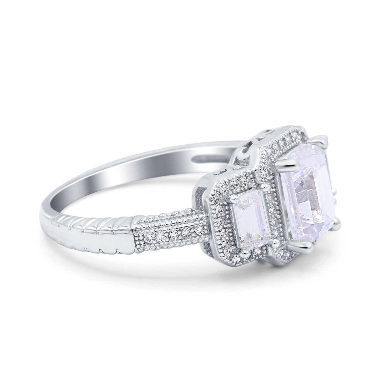 Emerald Cut Halo Simulated Cubic Zirconia Engagement Ring