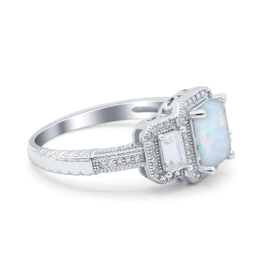 Emerald Cut Halo Lab Created White Opal Engagement Ring