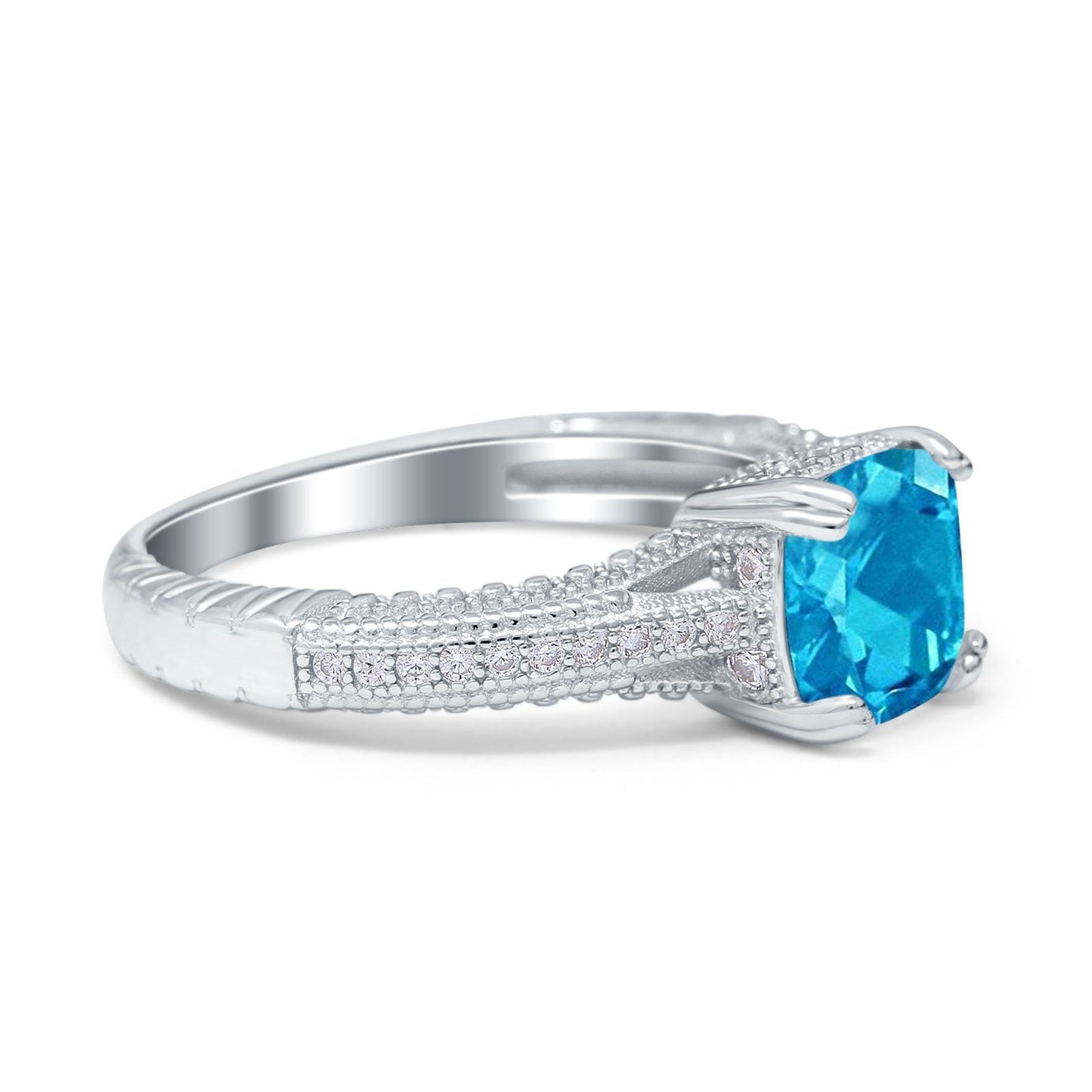 Cushion Cut Art Deco Simulated Aquamarine CZ Engagement Ring