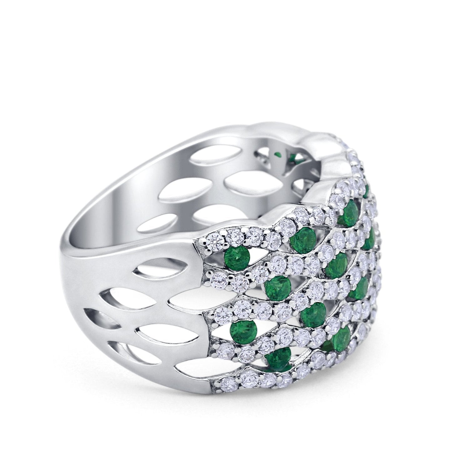 Wide Half Eternity Ring Round Simulated Green Emerald CZ