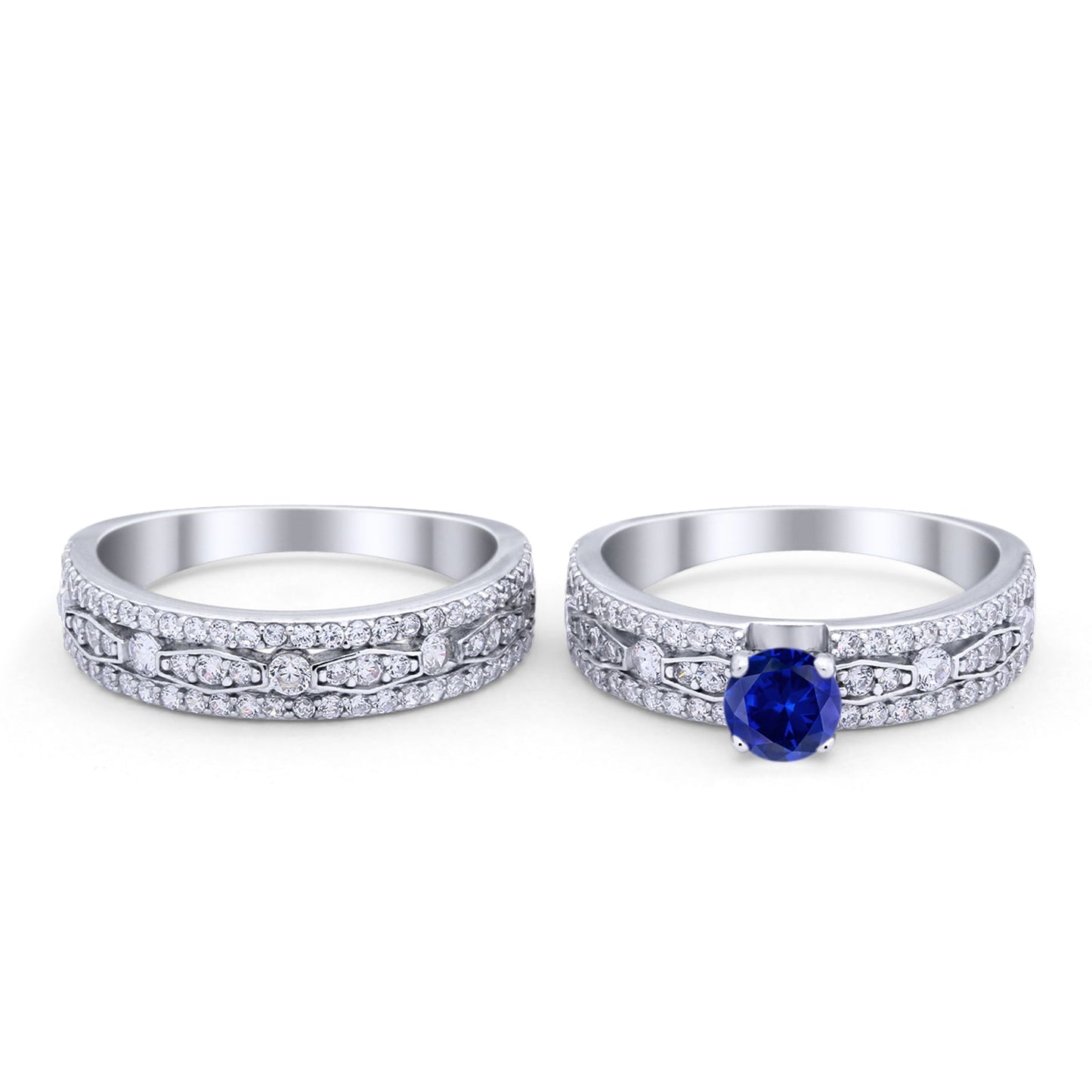 Art Deco Two Piece Bridal Set Wedding Ring Band Round Simulated Blue Sapphire CZ