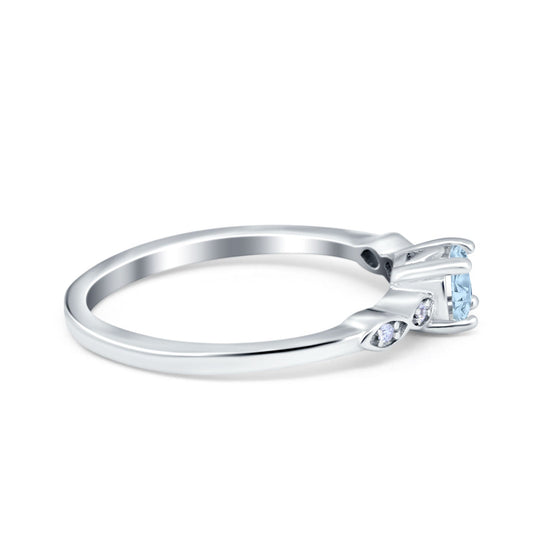 Petite Dainty Wedding Ring Round Simulated Aquamarine CZ