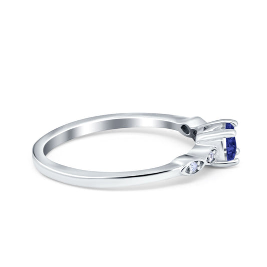 Petite Dainty Wedding Ring Round Simulated Blue Sapphire CZ