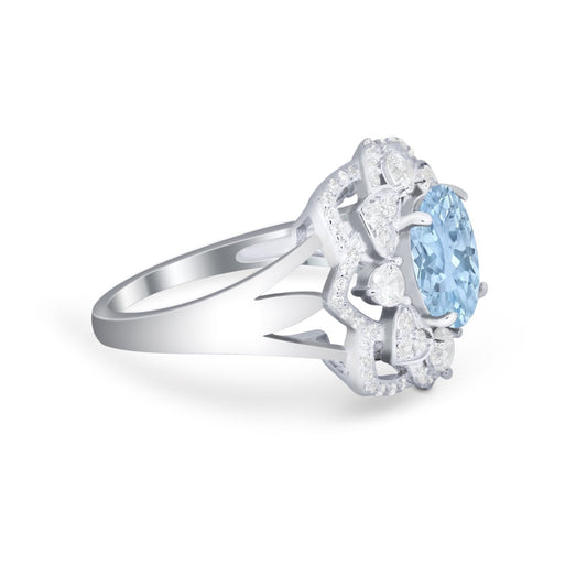 Art Deco Oval Wedding Ring Simulated Aquamarine CZ