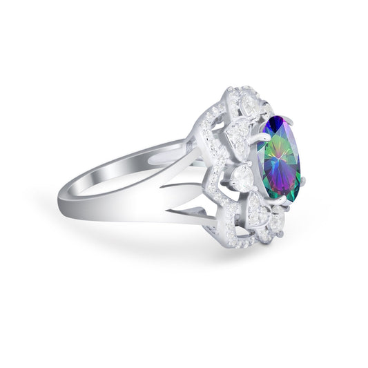 Art Deco Oval Wedding Ring Simulated Rainbow CZ