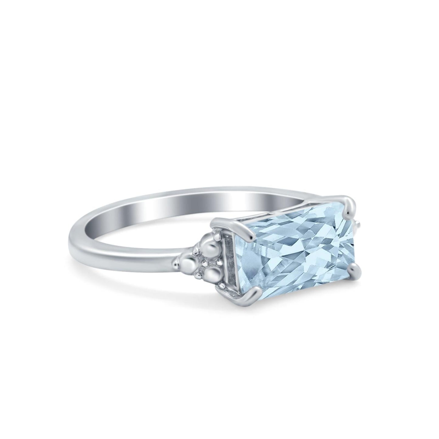 Emerald Cut Sideways Simulated Aquamarine CZ Ring