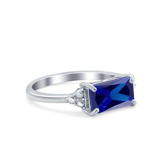 Emerald Cut Sideways Simulated Blue Sapphire CZ Ring