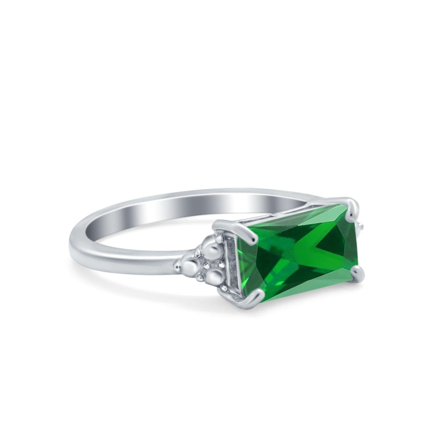 Emerald Cut Sideways Simulated Green Emerald CZ Ring