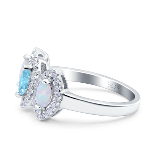 Halo Marquise Three Stone Simulated Aquamarine CZ Wedding Bridal Ring