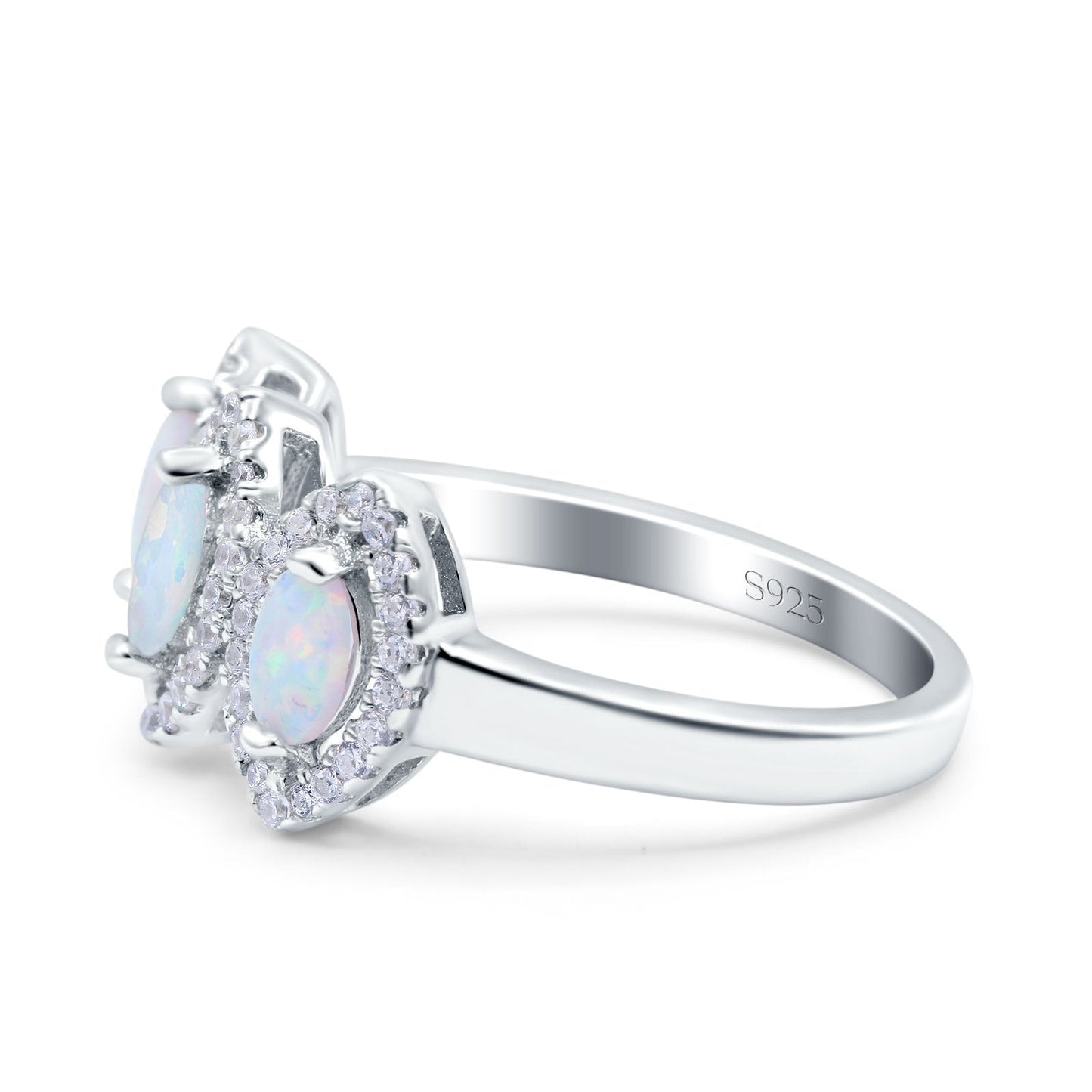 Halo Marquise Three Stone Lab Created White Opal Wedding Bridal Ring