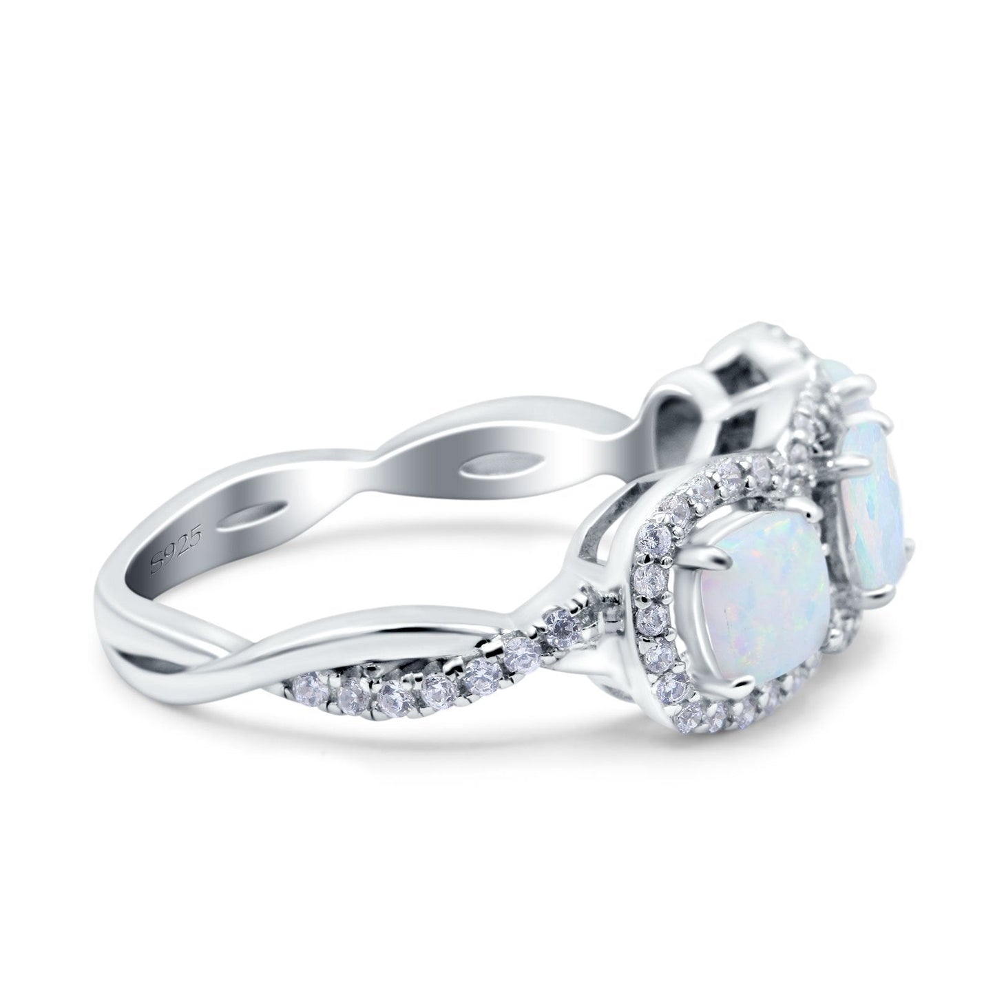 Halo Cushion Art Deco Three Stone Wedding Bridal Ring Lab Created White Opal