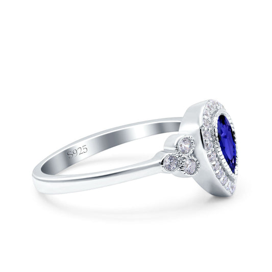 Halo Pear Blue Sapphire CZ Engagement Ring