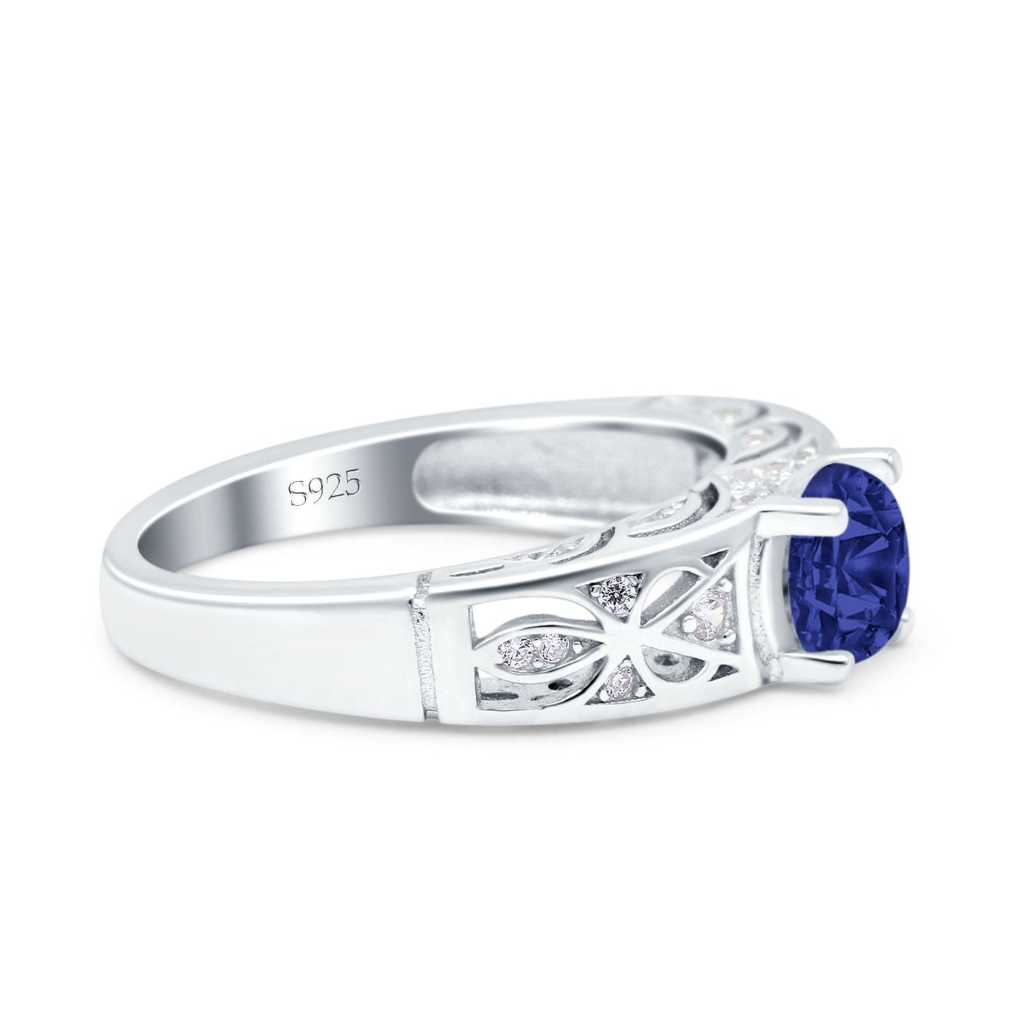 Art Deco Wedding Bridal Ring Band Round Simulated Blue Sapphire CZ