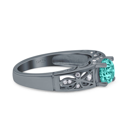 Art Deco Wedding Bridal Ring Band Round Black Tone, Simulated Paraiba Tourmaline CZ