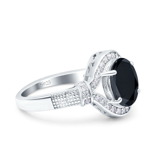 Oval Art Deco Wedding Ring Accent Vintage Simulated Black CZ