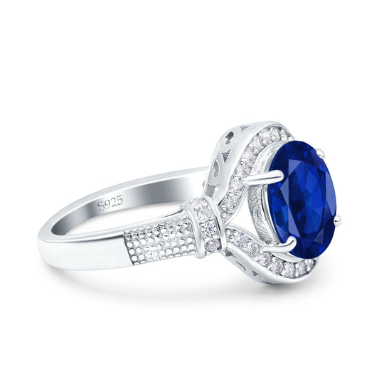 Oval Art Deco Wedding Ring Accent Vintage Simulated Blue Sapphire CZ