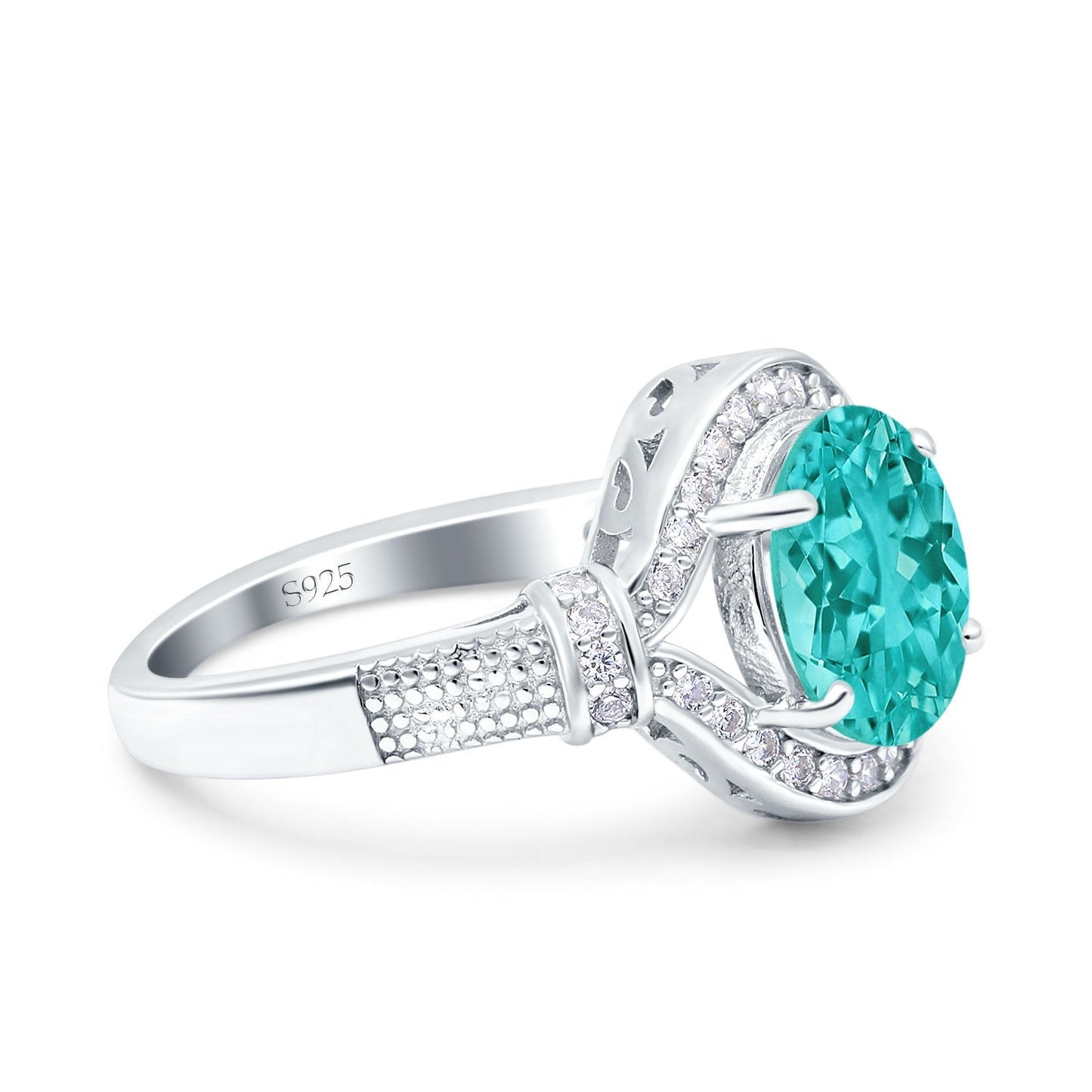 Oval Art Deco Wedding Ring Accent Vintage Simulated Paraiba Tourmaline CZ