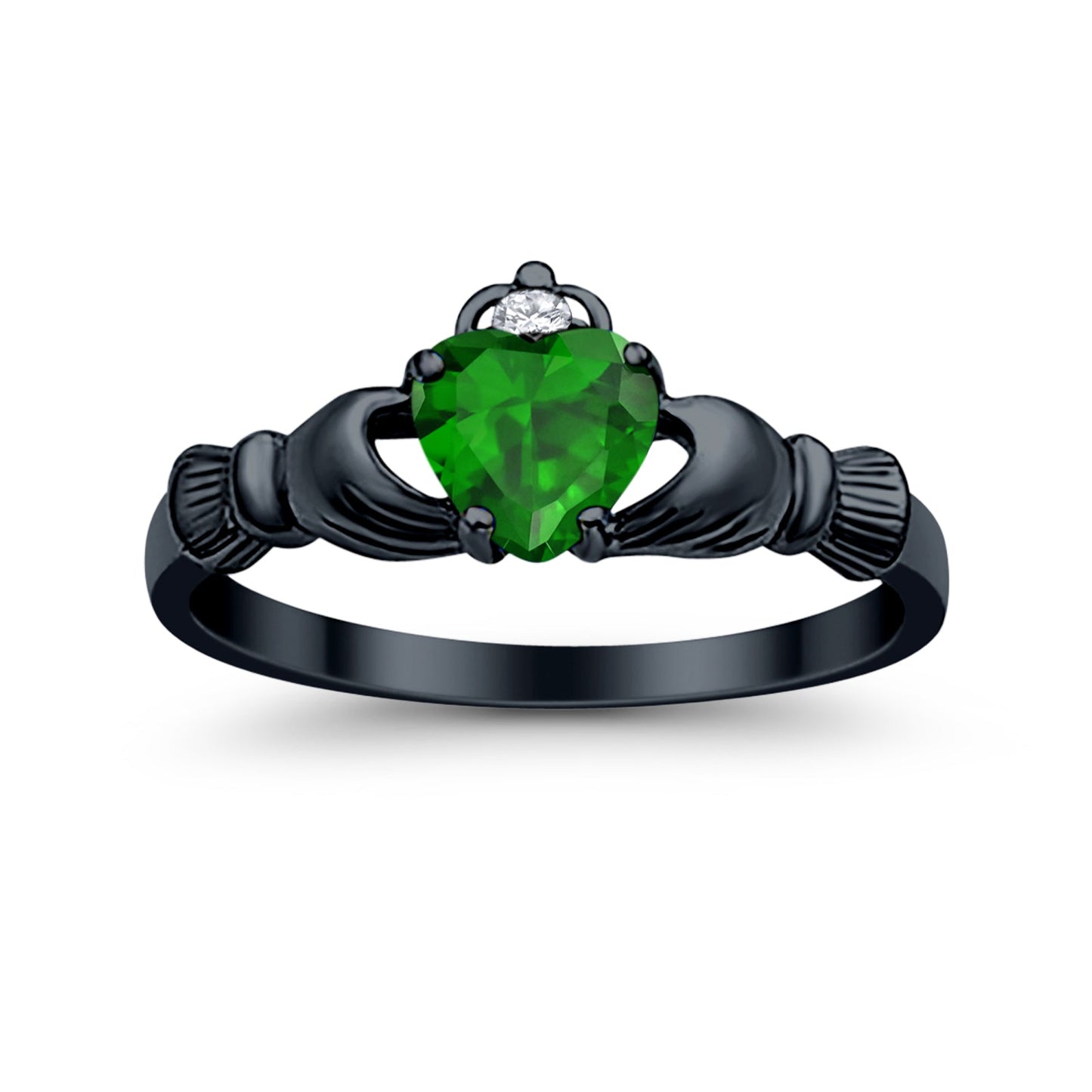 Claddagh Heart Promise Ring Simulated Green Emerald Black Tone