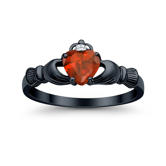 Heart Shape Black Tone, Simulated Garnet CZ Claddagh Wedding Ring