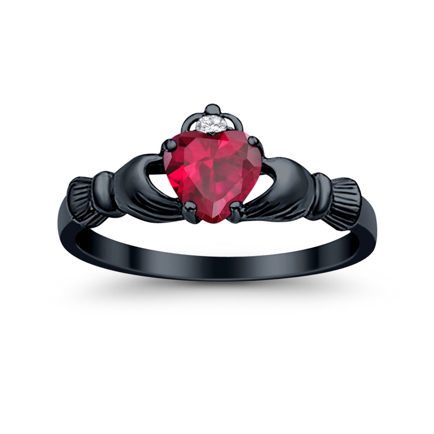 Irish Claddagh Heart Promise Ring Black Tone, Simulated Ruby CZ