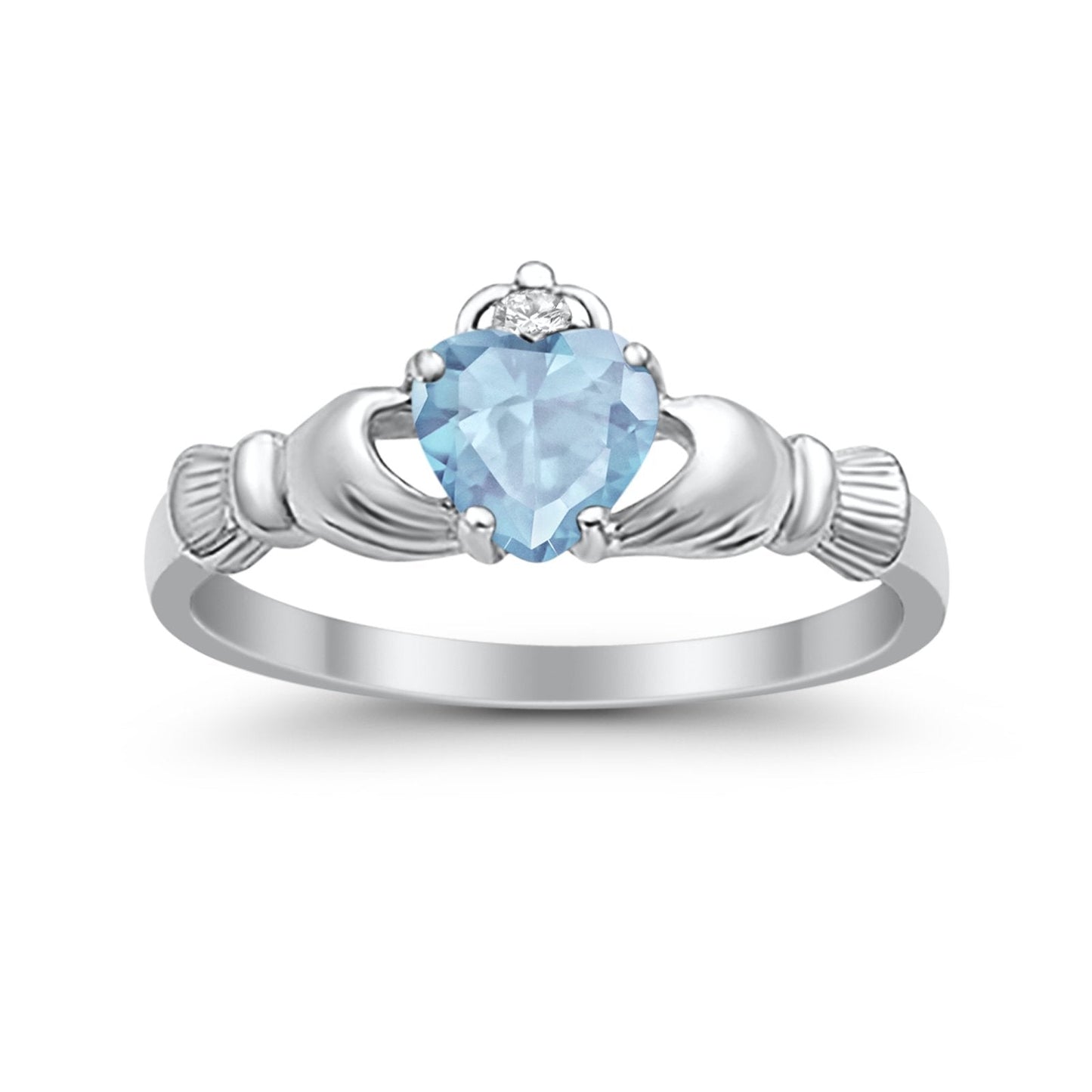 Heart Shape Simulated Aquamarine CZ Claddagh Wedding Ring