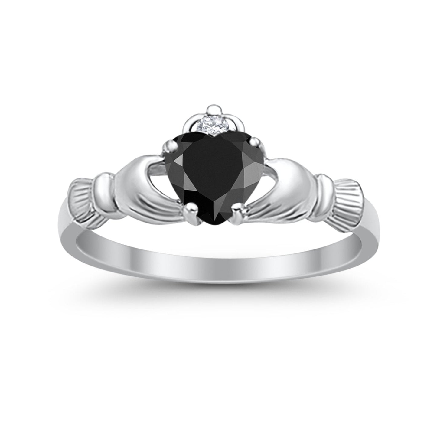 Heart Shape Simulated Black CZ Claddagh Wedding Ring