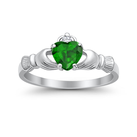 Heart Shape Simulated Green Emerald CZ Claddagh Wedding Ring