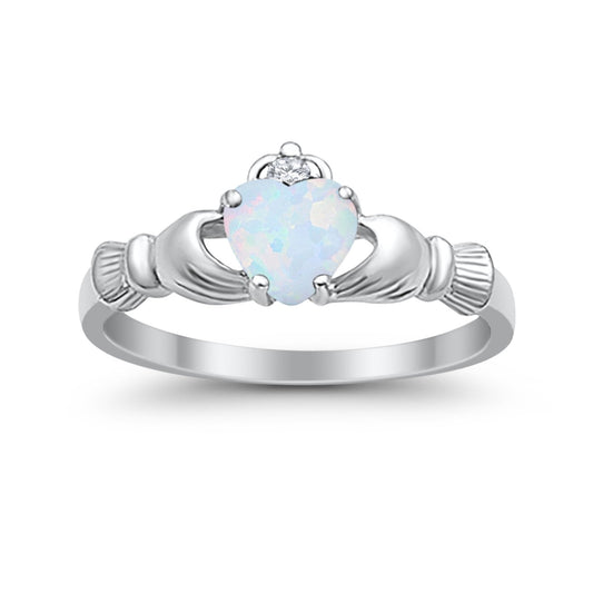 Heart Shape Lab Created White Opal Claddagh Wedding Ring