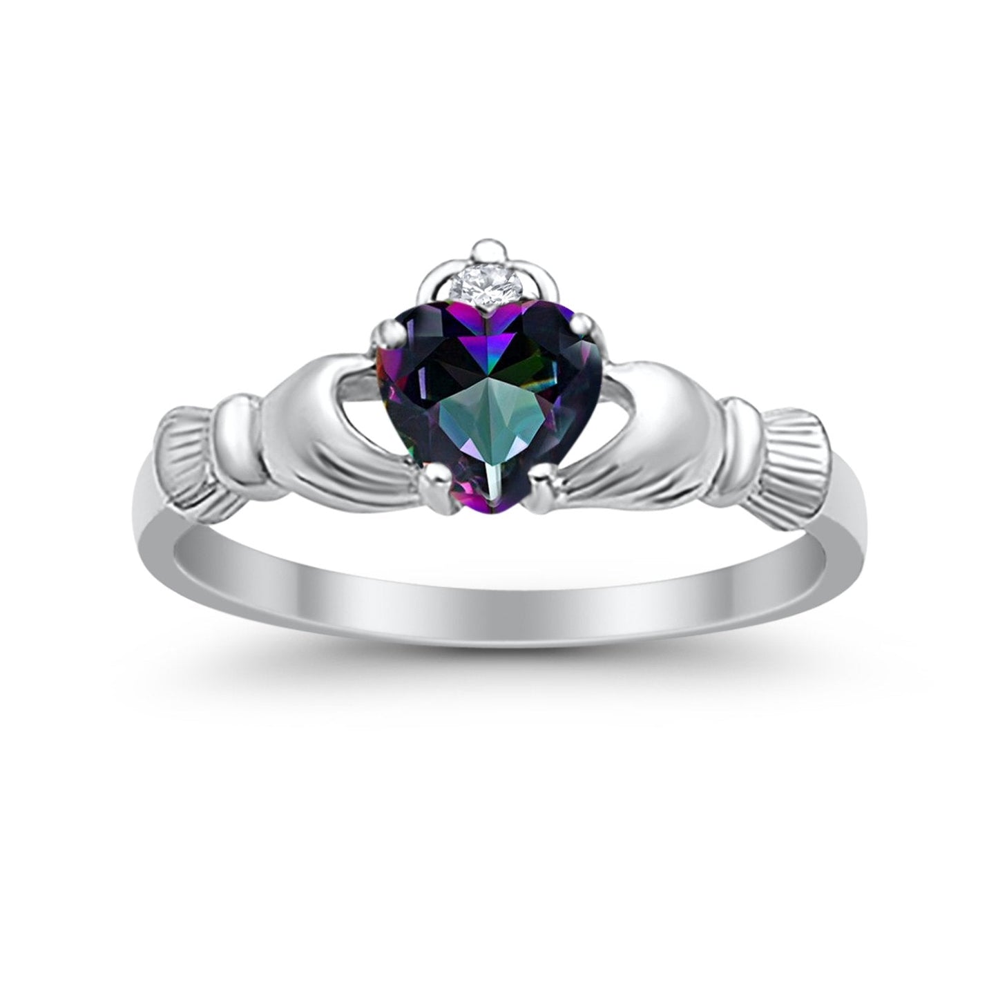 Heart Shape Simulated Rainbow CZ Claddagh Wedding Ring