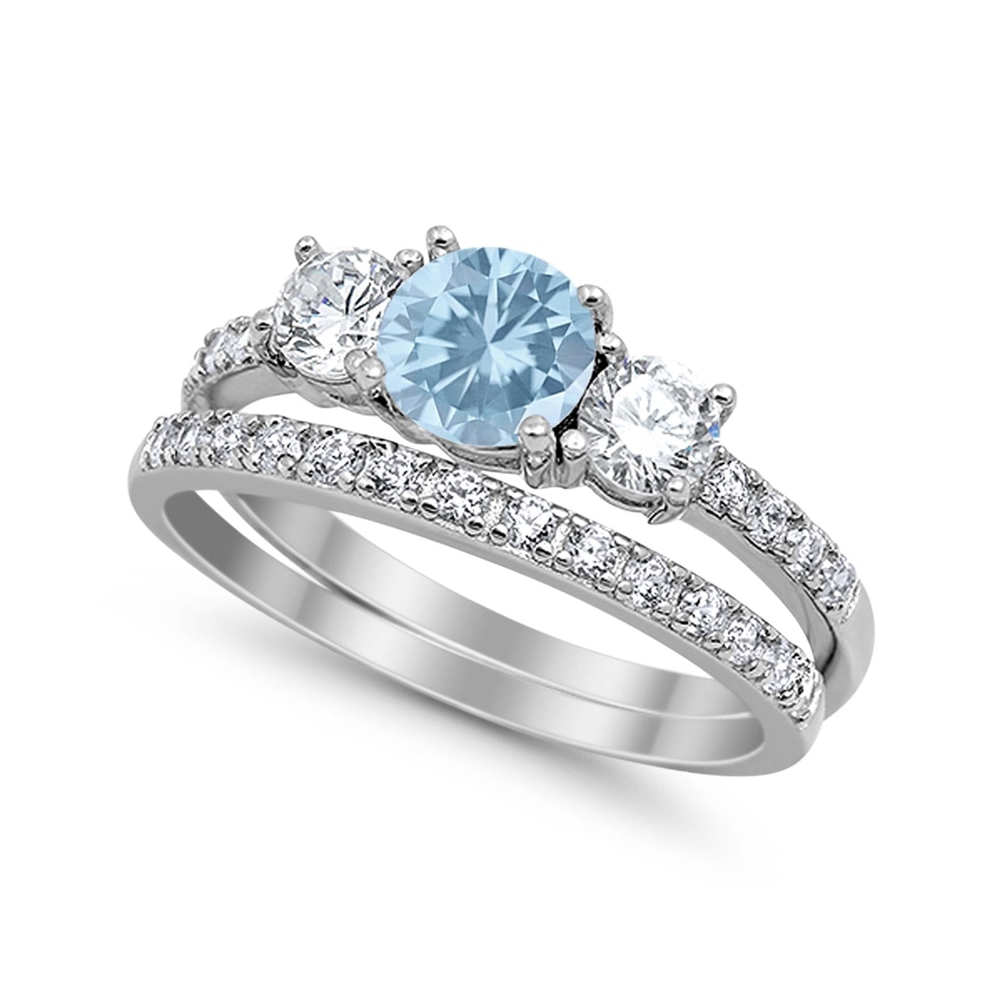 3-Stone Wedding Bridal Piece Ring Round Simulated Aquamarine CZ