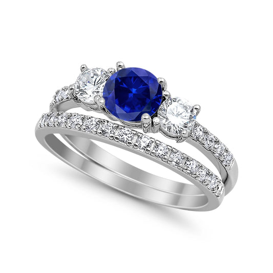 3-Stone Round Simulated Blue Sapphire Cubic Zirconia Wedding Bridal Set Ring