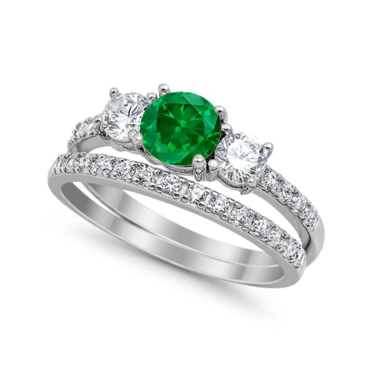 3-Stone Wedding Bridal Piece Ring Round Simulated Green Emerald CZ