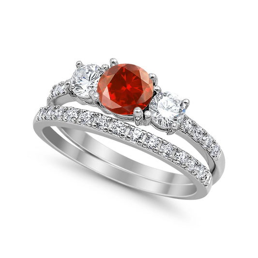 3-Stone Wedding Bridal Piece Ring Simulated Garnet CZ