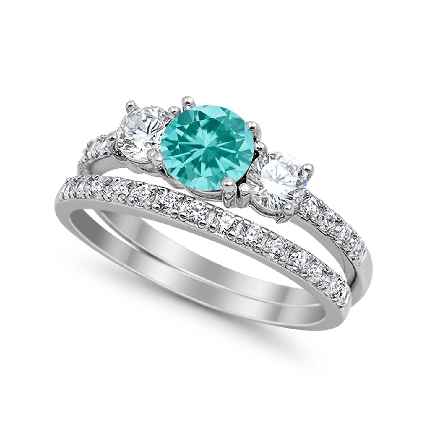 3-Stone Wedding Bridal Piece Ring Simulated Paraiba Tourmaline CZ