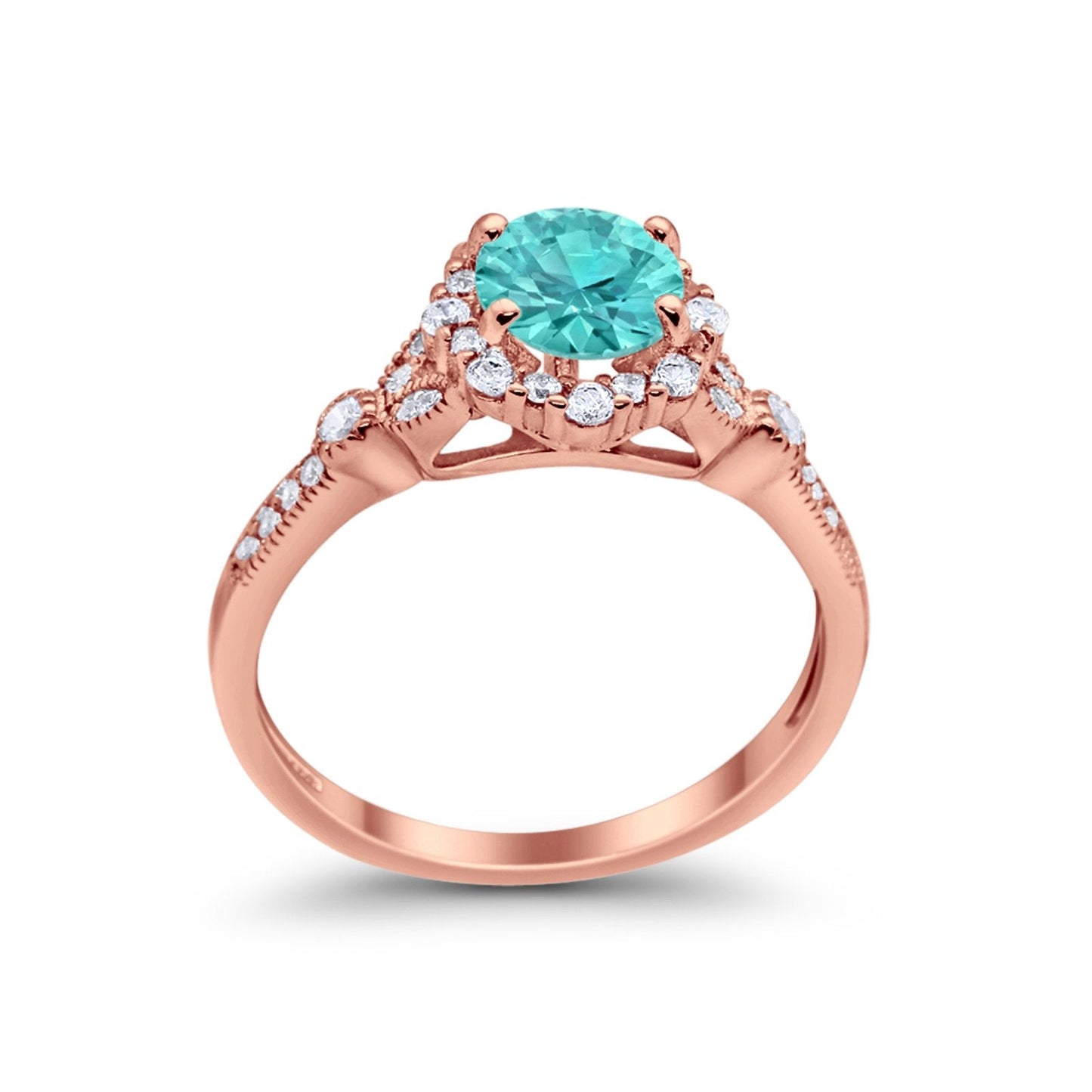 Floral Art Deco Engagement Ring Rose Tone, Simulated Paraiba Tourmaline CZ