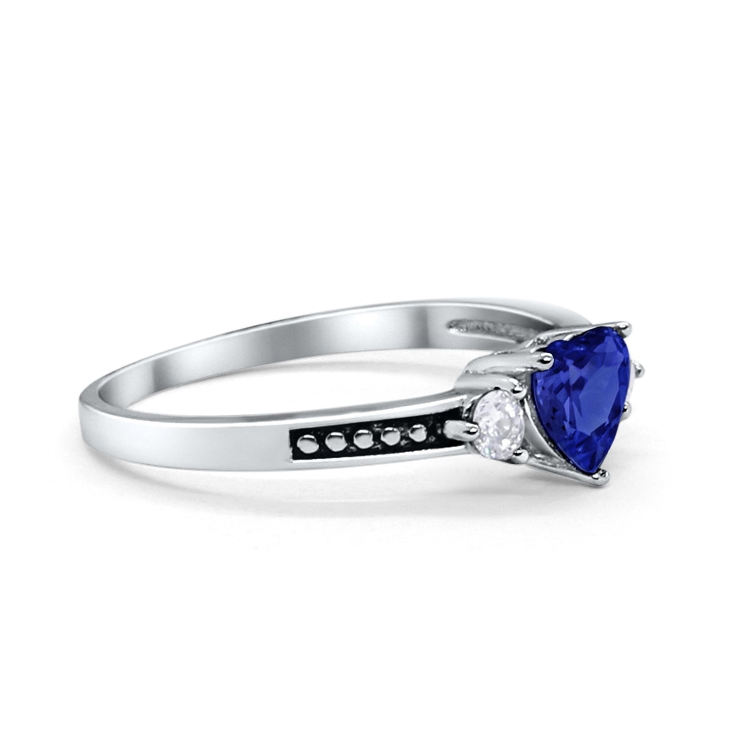 Heart Promise Ring Simulated Blue Sapphire CZ Black Accent