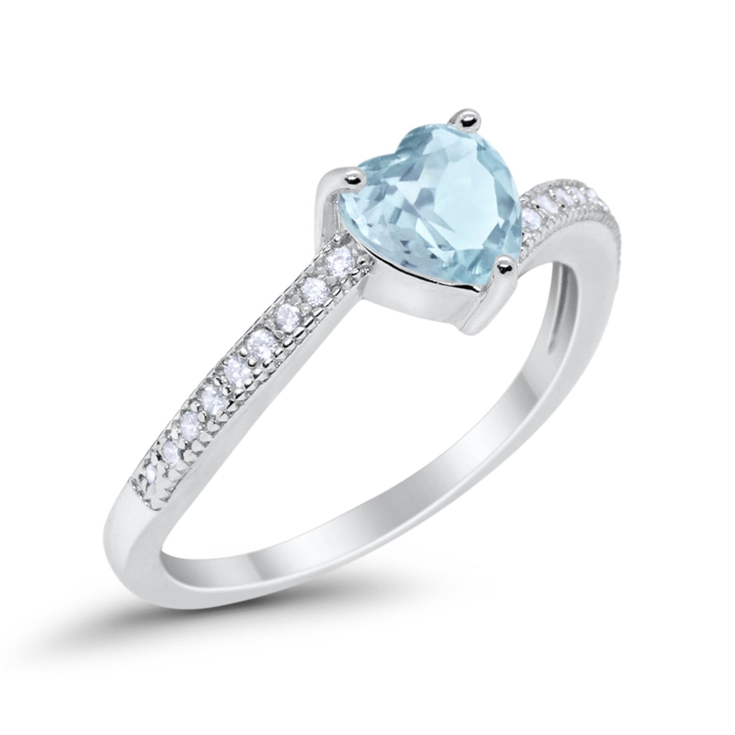 Heart Promise Ring Round Simulated Aquamarine CZ