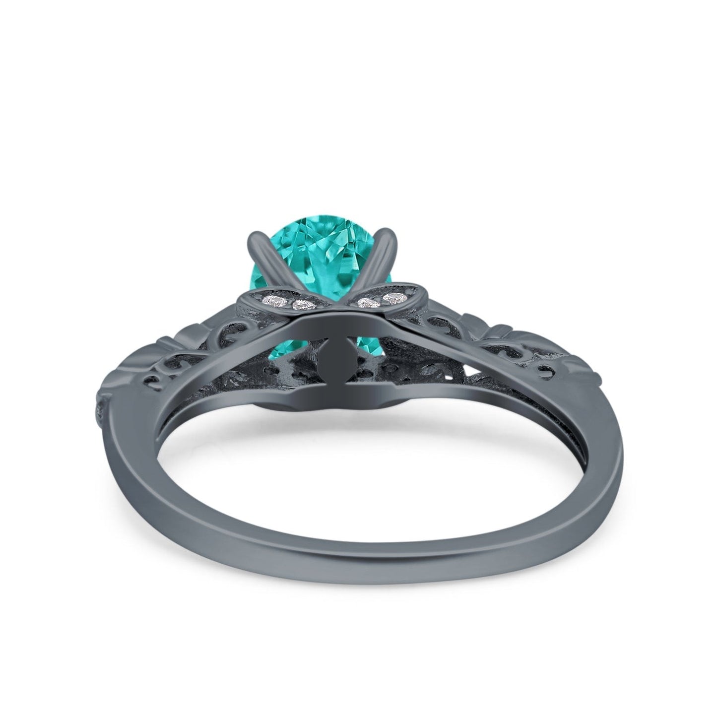 Art Deco Oval Engagement Black Tone, Simulated Paraiba Tourmaline CZ