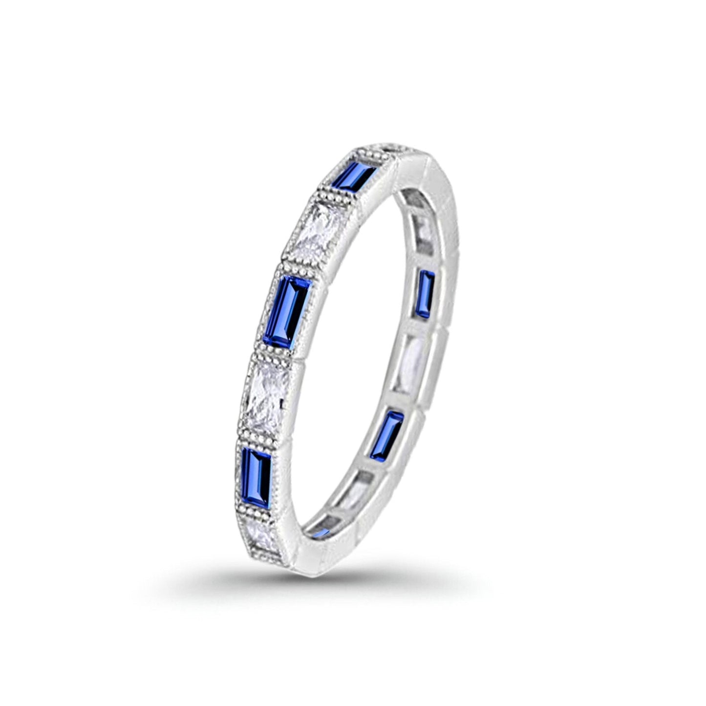 Art Deco Baguette Full Eternity Wedding Band Simulated Blue Sapphire CZ