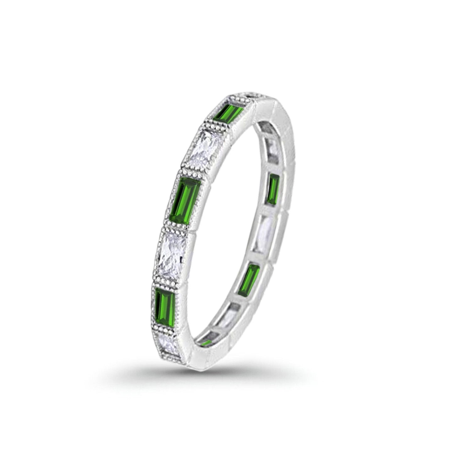 Art Deco Baguette Full Eternity Wedding Band Simulated Green Emerald CZ