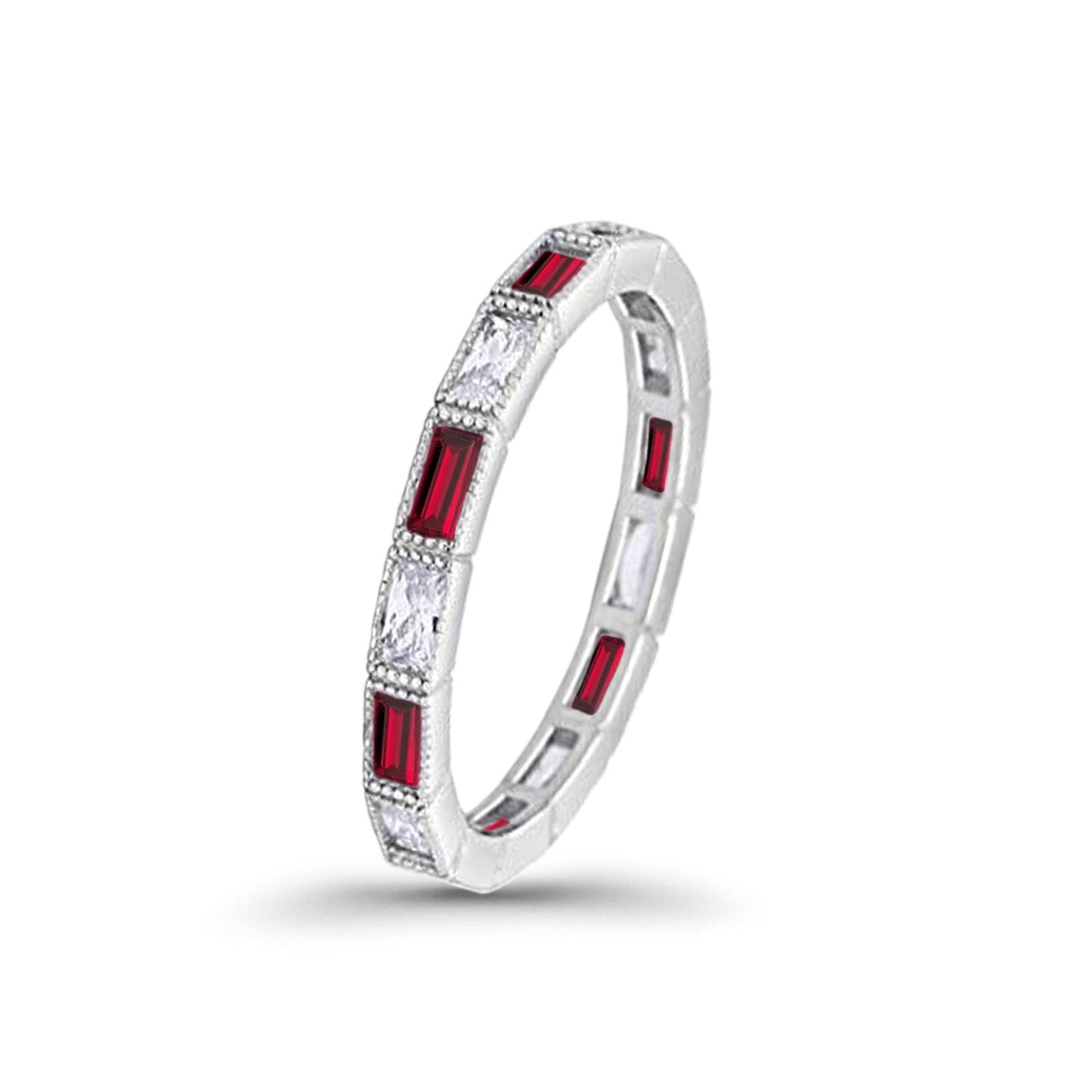 Art Deco Baguette Full Eternity Wedding Band Simulated Ruby CZ