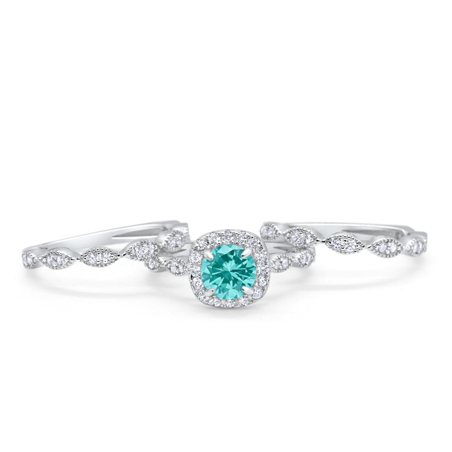 Halo Three Piece Wedding Simulated Paraiba Tourmaline CZ Ring