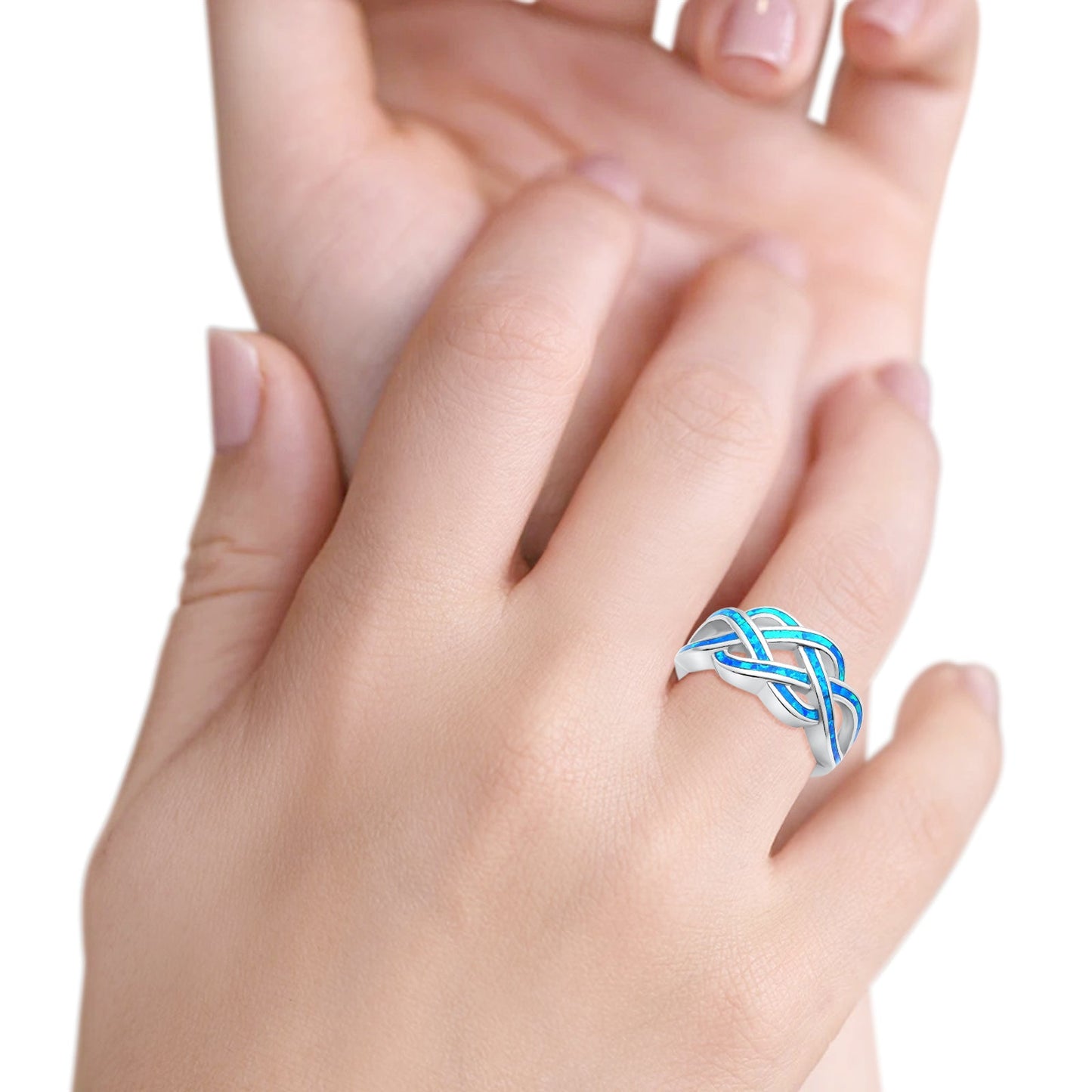 Crisscross Infinity Celtic Lab Created Blue Opal Ring