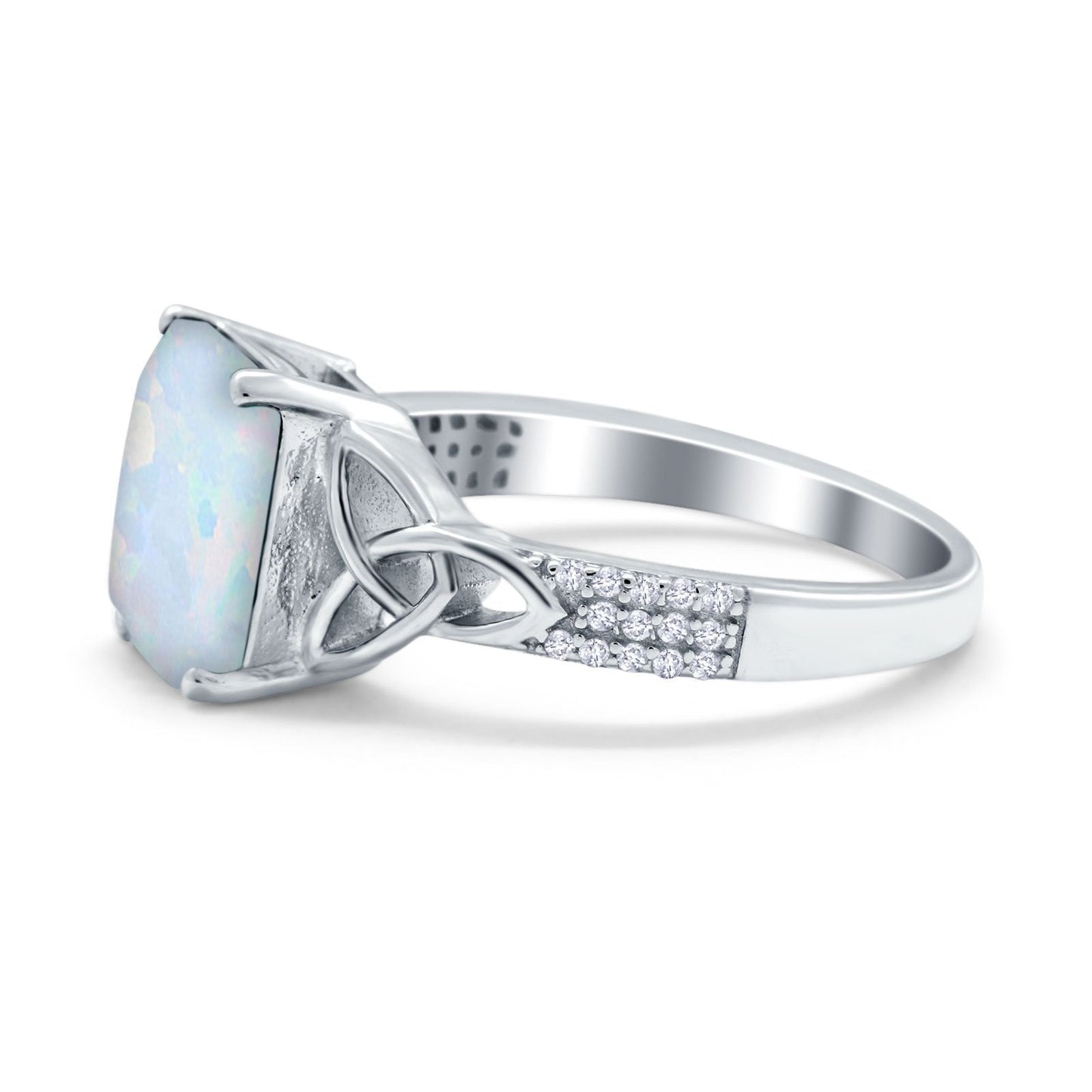 Emerald Cut Celtic Engagement Ring Lab Created White Opal