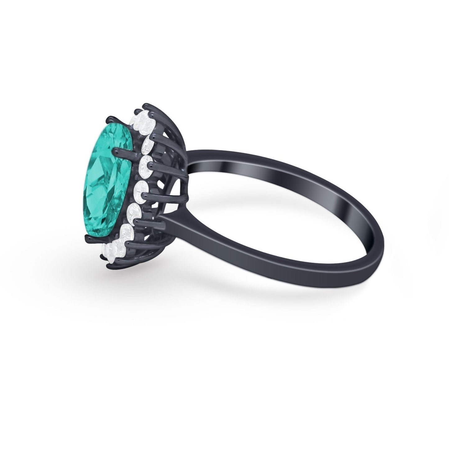 Halo Floral Oval Engagement Bridal Ring Black Tone, Simulated Paraiba Tourmaline CZ