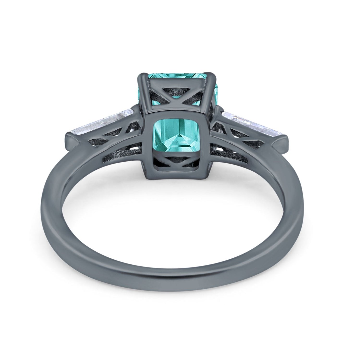 Art Deco Wedding Ring Emerald Cut Black Tone, Simulated Paraiba Tourmaline CZ