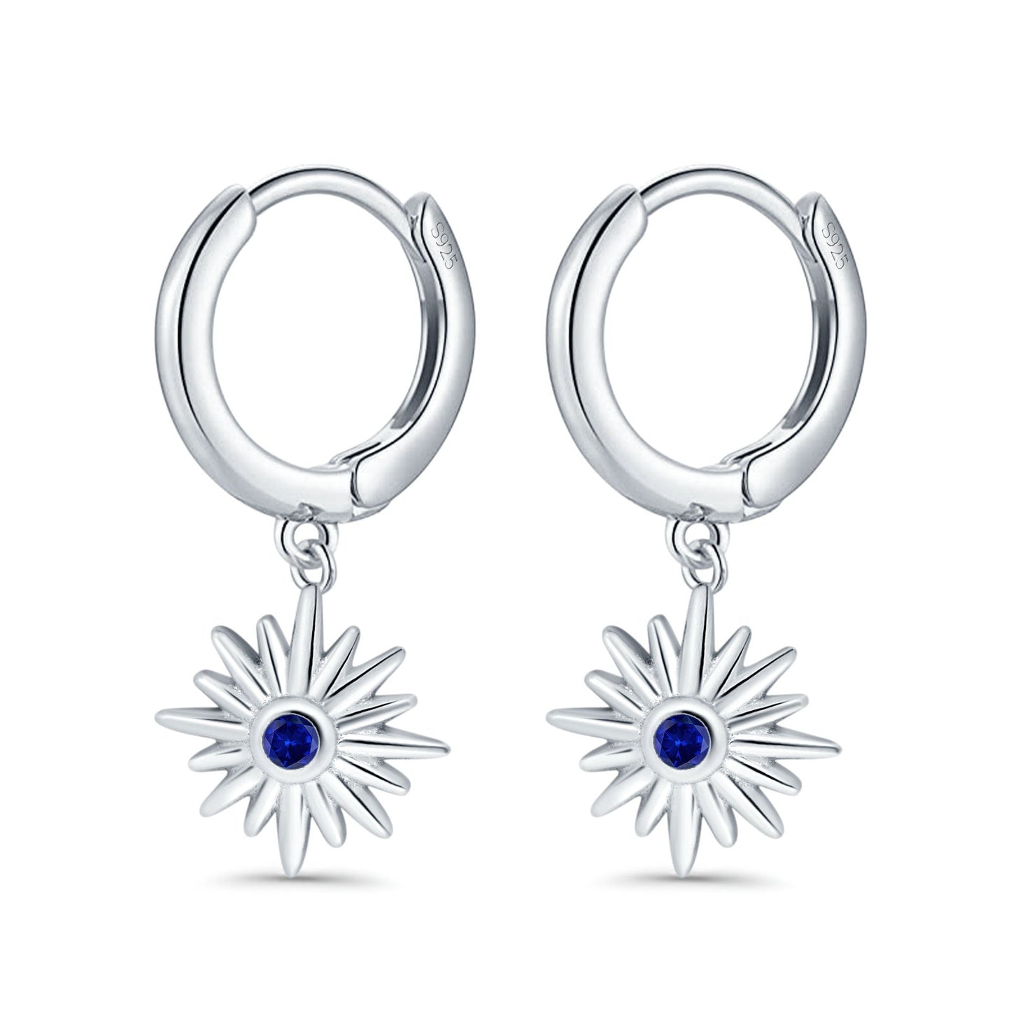 Starburst Hoop Huggie Design Simulated Blue Sapphire CZ LeverBack Earrings