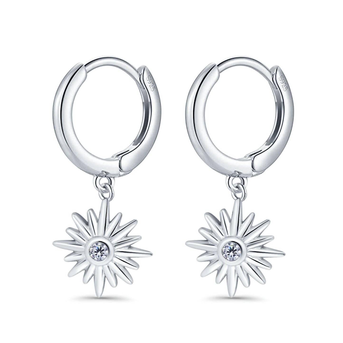 Starburst Hoop Huggie Design Simulated CZ LeverBack Earrings