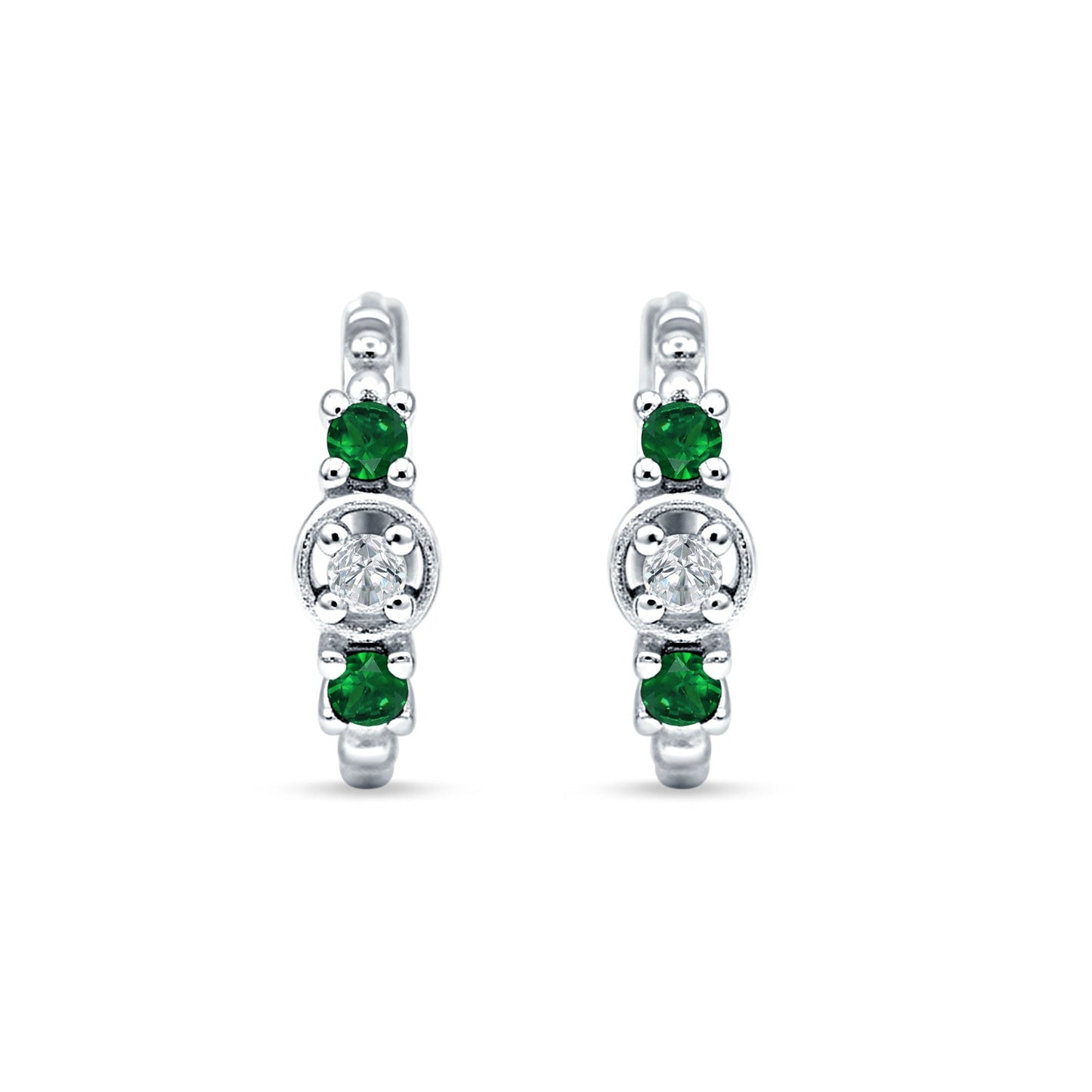 Round CZ & Green Emerald CZ Trio Huggie Hoop Earrings