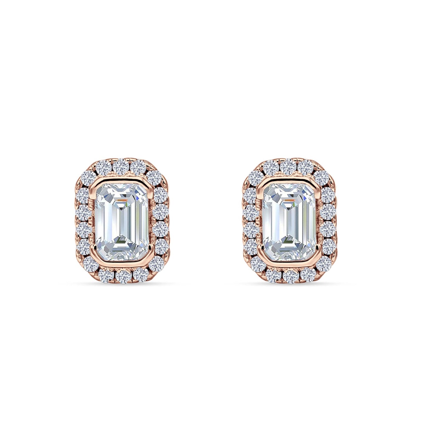 Emerald Cut CZ Halo Stud Earrings Rose Tone